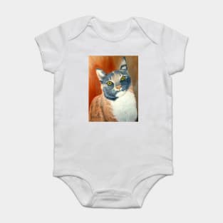 Calico Cat Pastel Portrait in Grey, White and Orange Baby Bodysuit